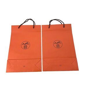 2 Hermes Authentic Orange Large Shopping Bag Paper Tote Bags 17" x 11"
